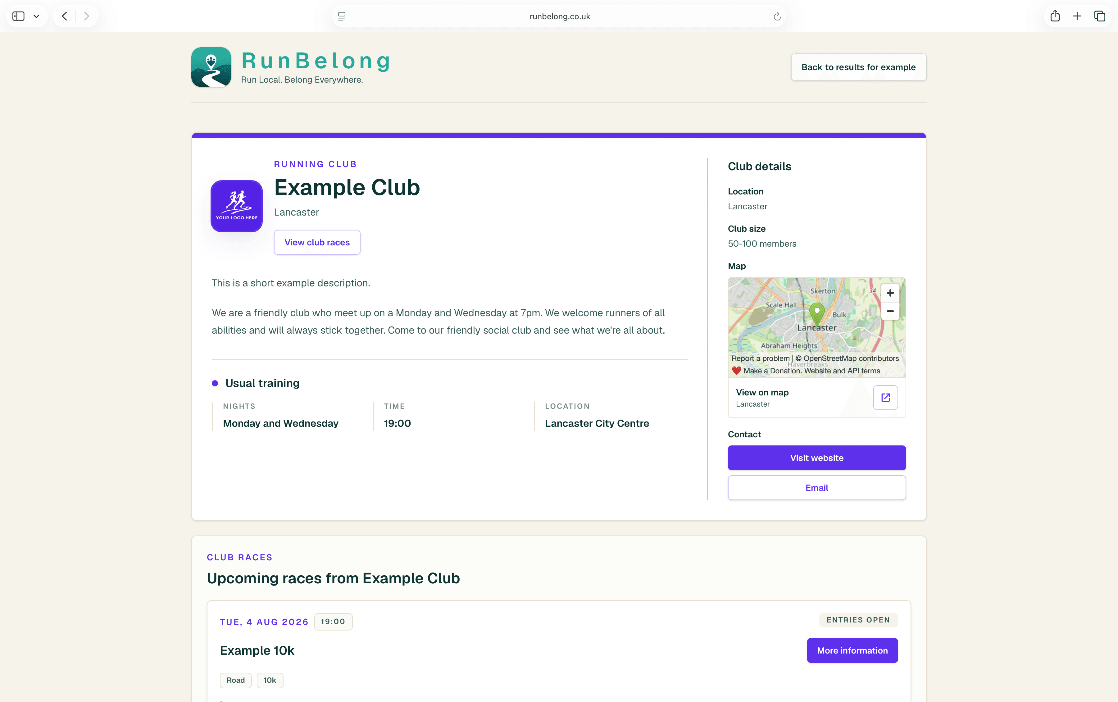 Example RunBelong public club listing