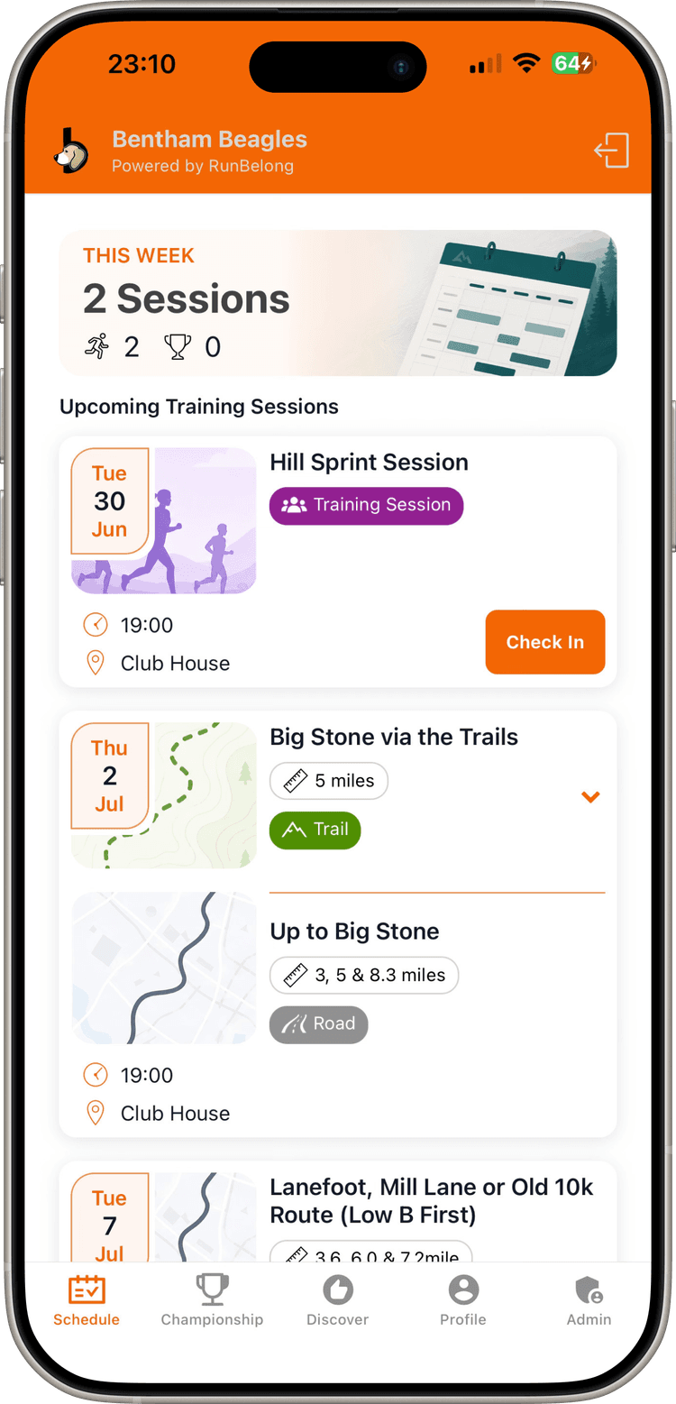 RunBelong app showing a club schedule