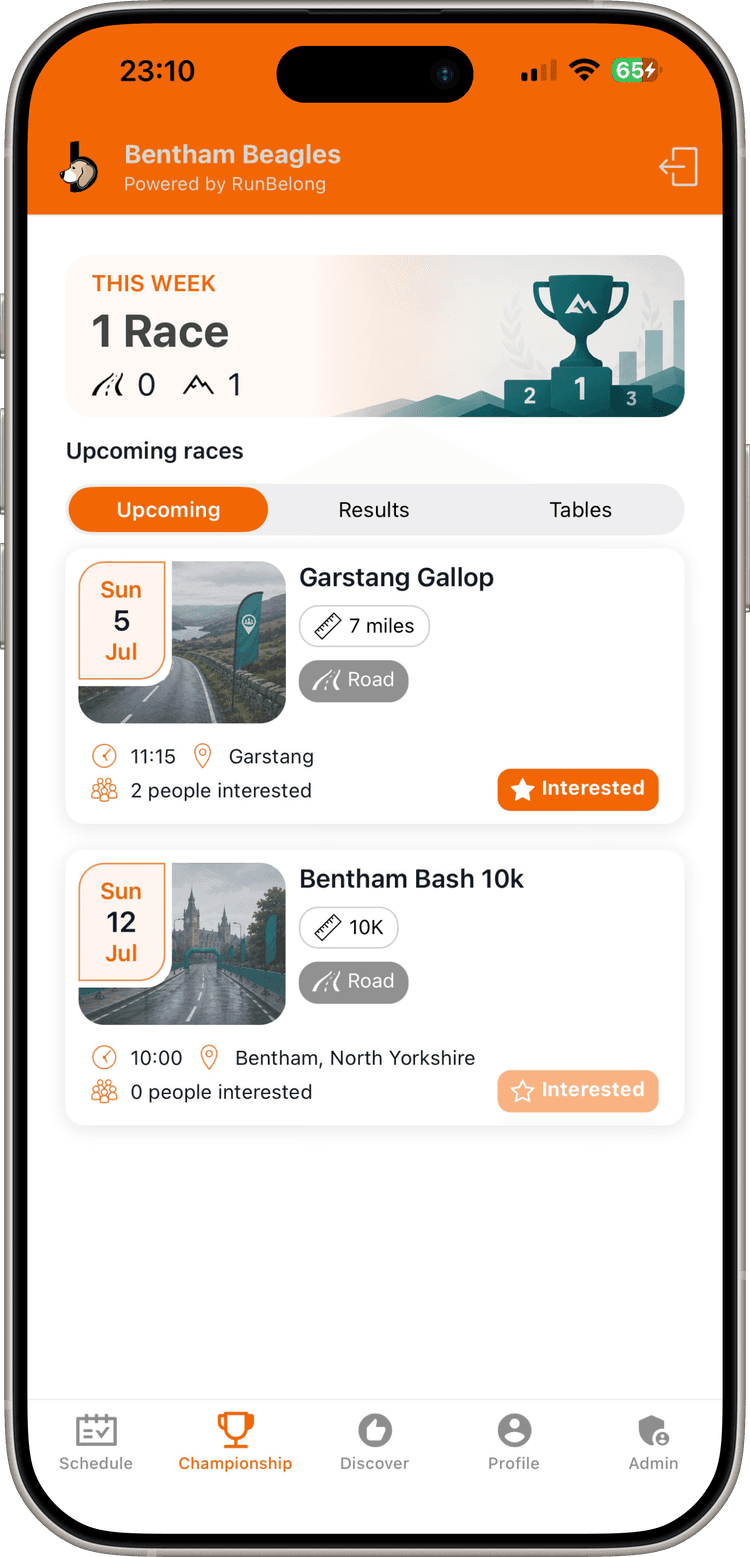 RunBelong app showing upcoming club races